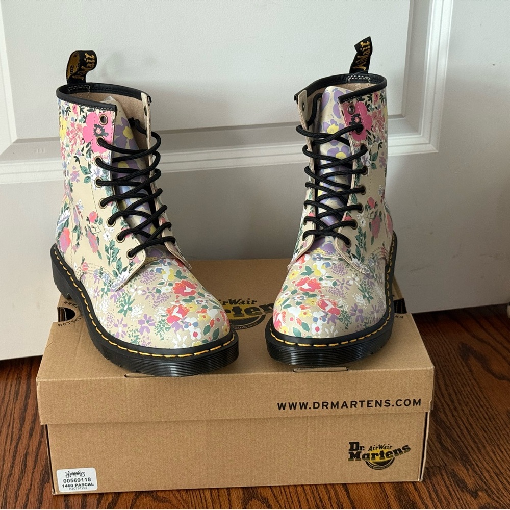 Dr. Martens Women's Floral Mash Up Backhand Boots - Parchment Beige 1460